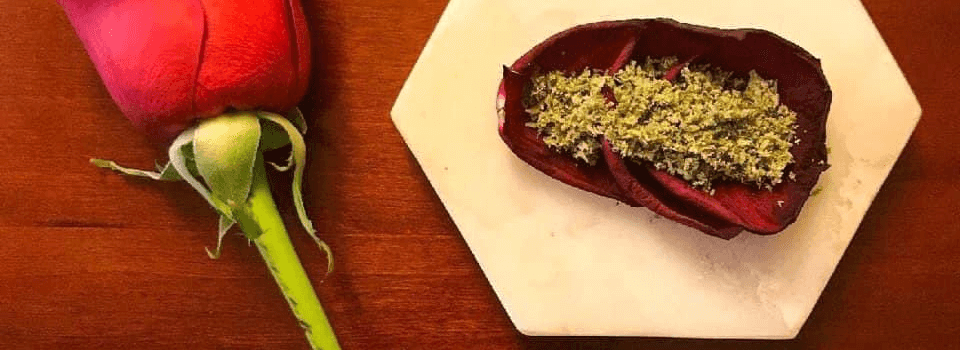 Rose Petal Blunt with cannabis on the tray
