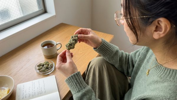 Woman examining a frosty cannabis bud by a sunlit window with a glass dish of buds and a notepad on the table