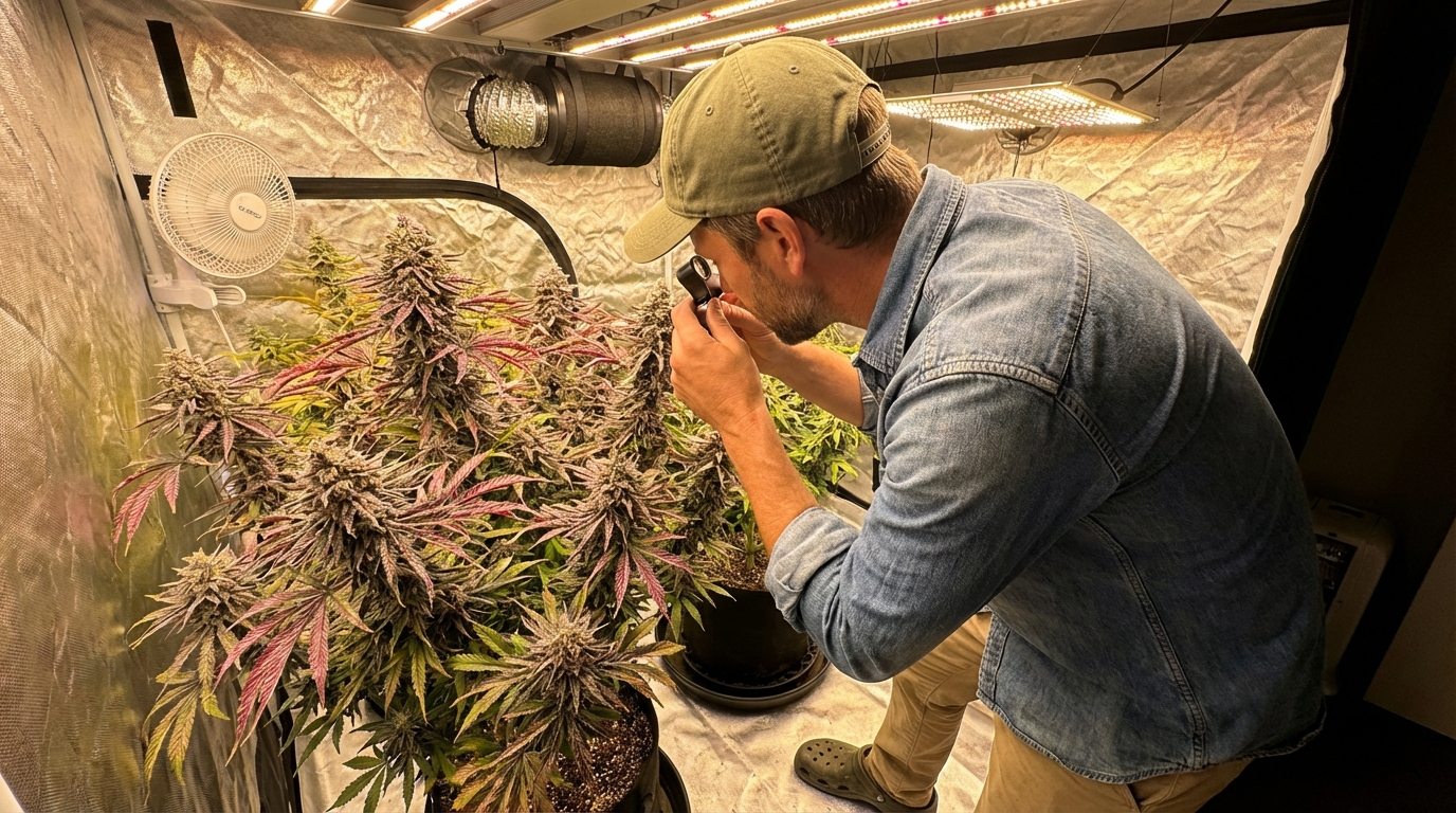 Man in a grow tent inspecting a flowering Gelato cannabis plant with dense purple buds under LED lights