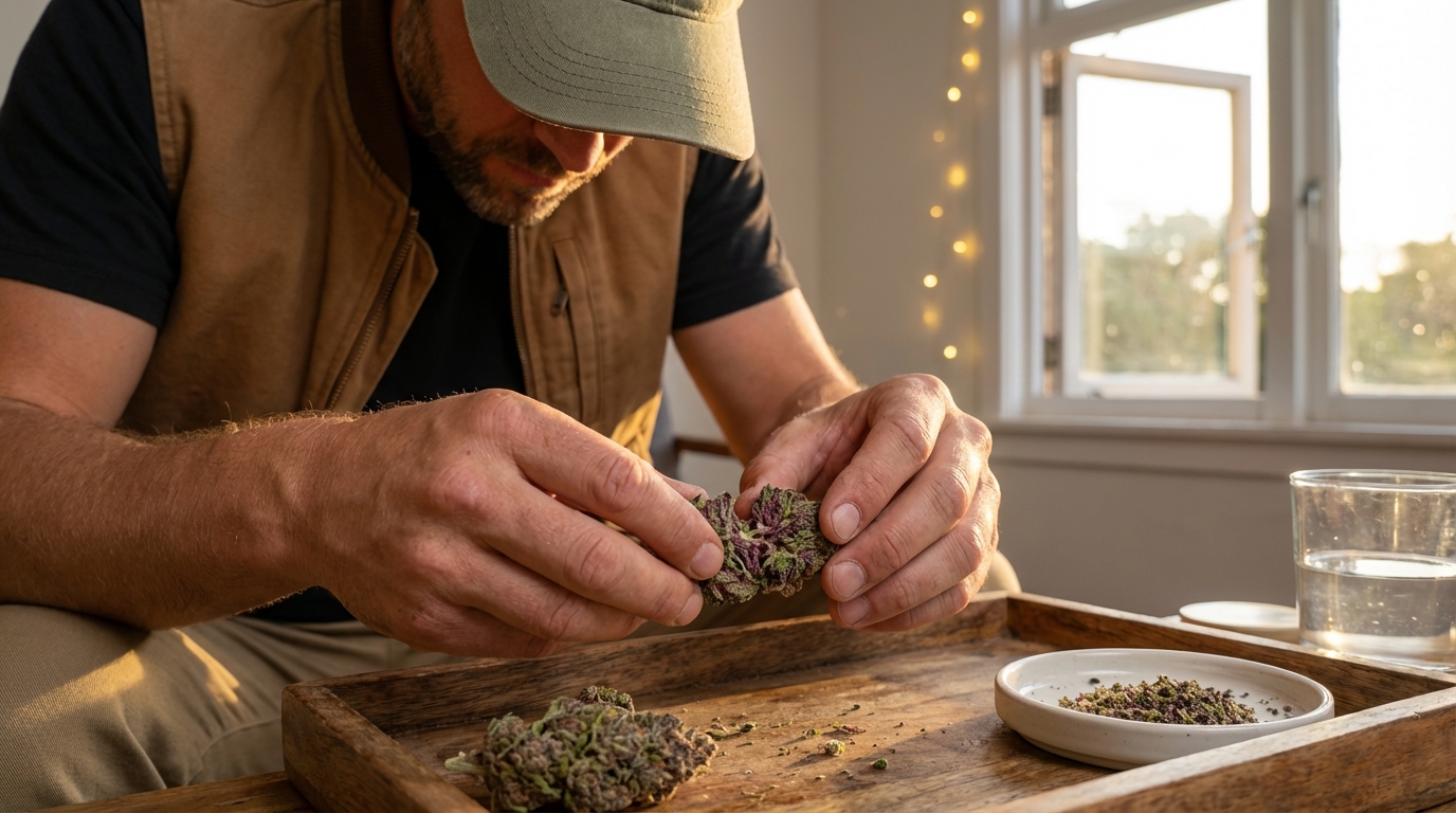 Hand breaking open a frosty purple Gelato bud on a tray with ground flower and a glass of water visible