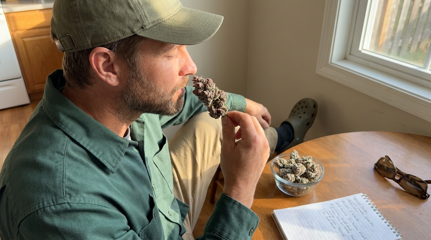 Man smelling a purple-tinted cannabis bud at a kitchen table with a glass bowl of frosty Gelato buds nearby