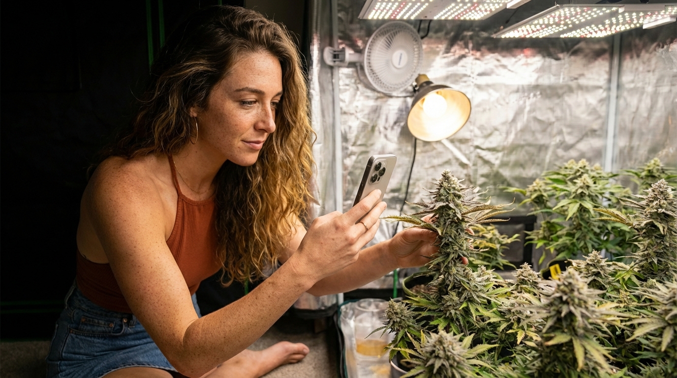 Woman photographing cannabis plant in indoor grow tent with LED lights and mylar walls
