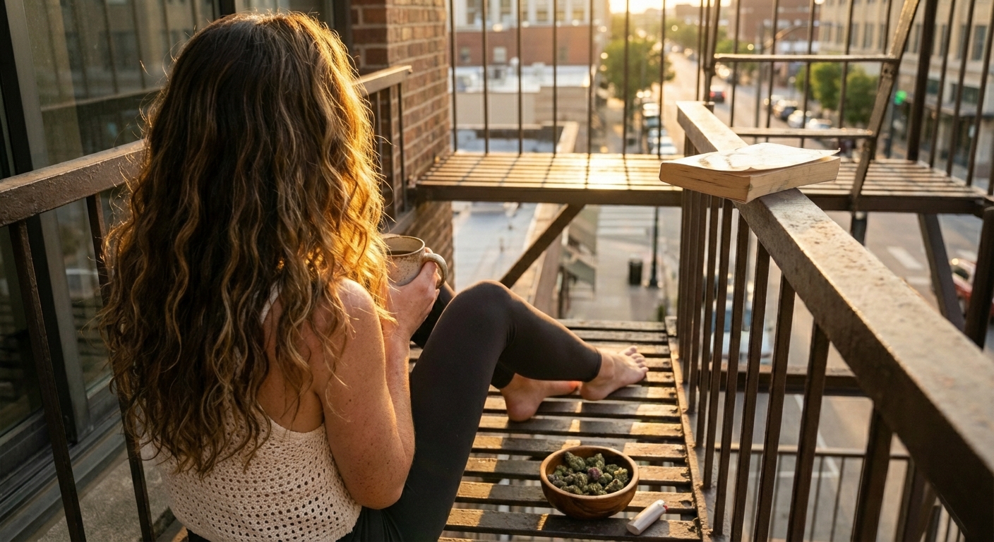 Woman on fire escape with mug and bowl of cannabis buds beside her, city street below at sunset