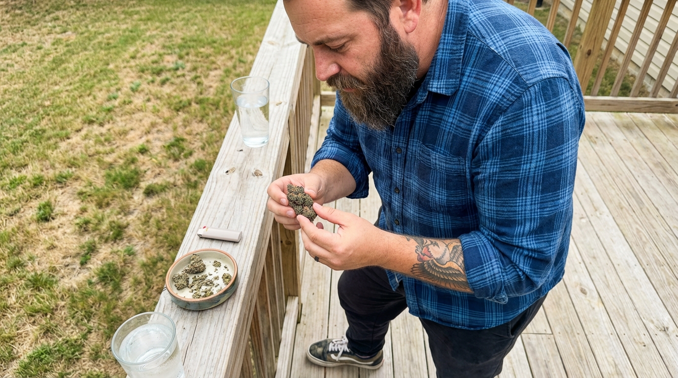 Man examining cannabis bud on backyard deck with a ceramic dish and lighter on wooden railing.