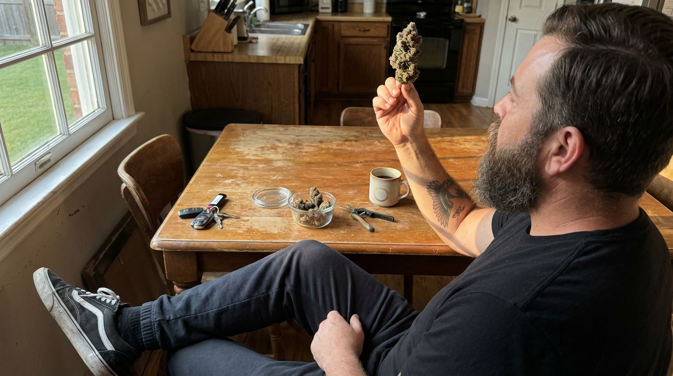 Man holds a sticky cannabis bud up to window light at a kitchen table with trimming scissors and coffee mug.