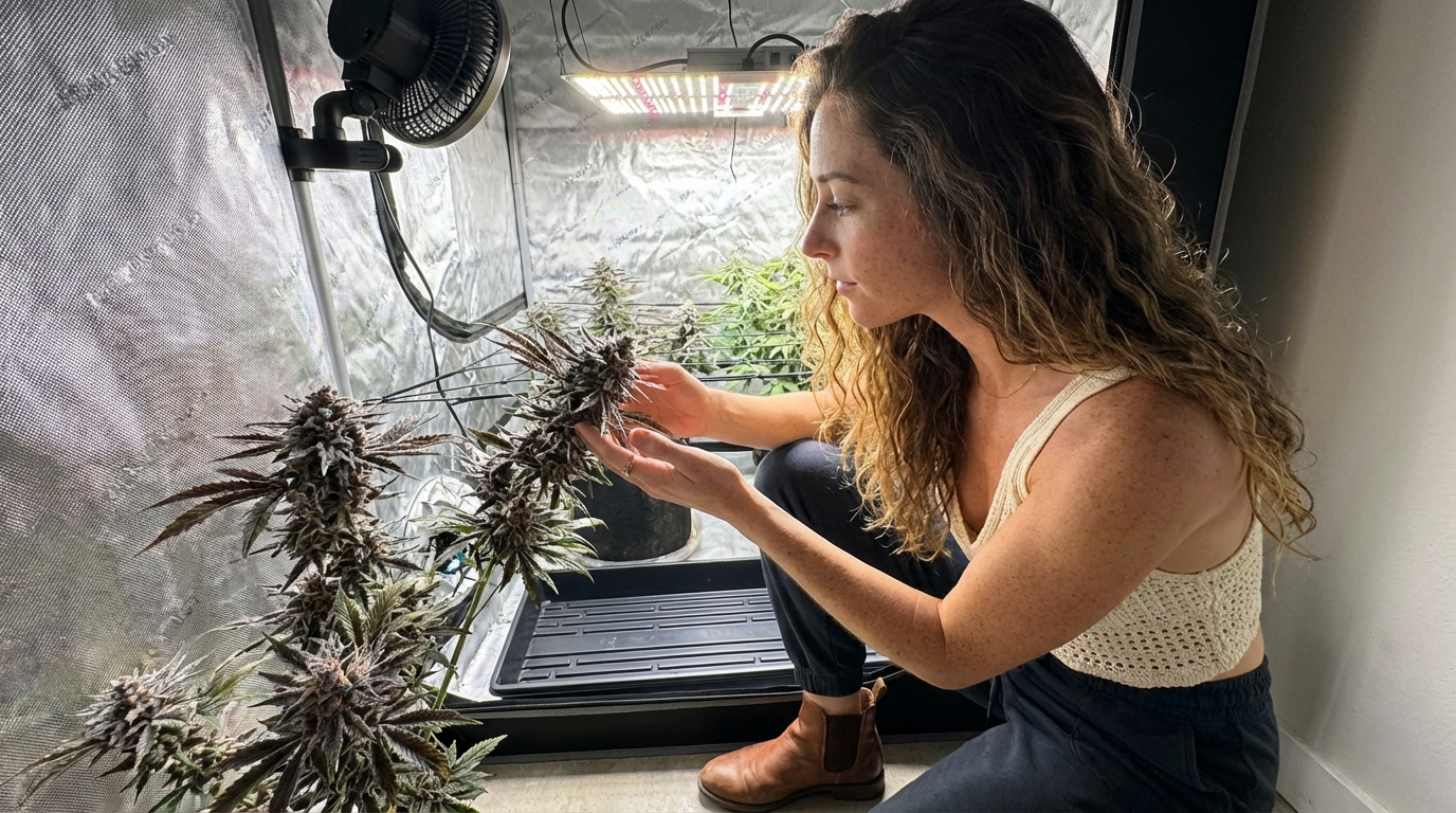 Woman in grow tent inspecting a dense purple cannabis bud under LED lights, fan and drip tray visible