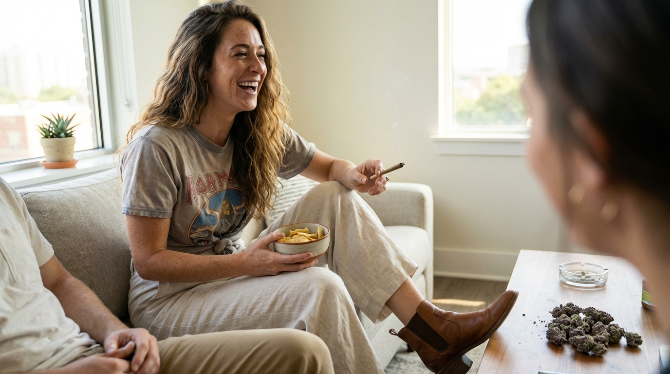 Woman laughing on a couch with a bowl of chips, holding a joint, purple cannabis buds on a table