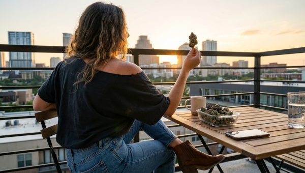 Woman on a balcony examining a purple cannabis bud with more buds in a glass dish on a table at sunset