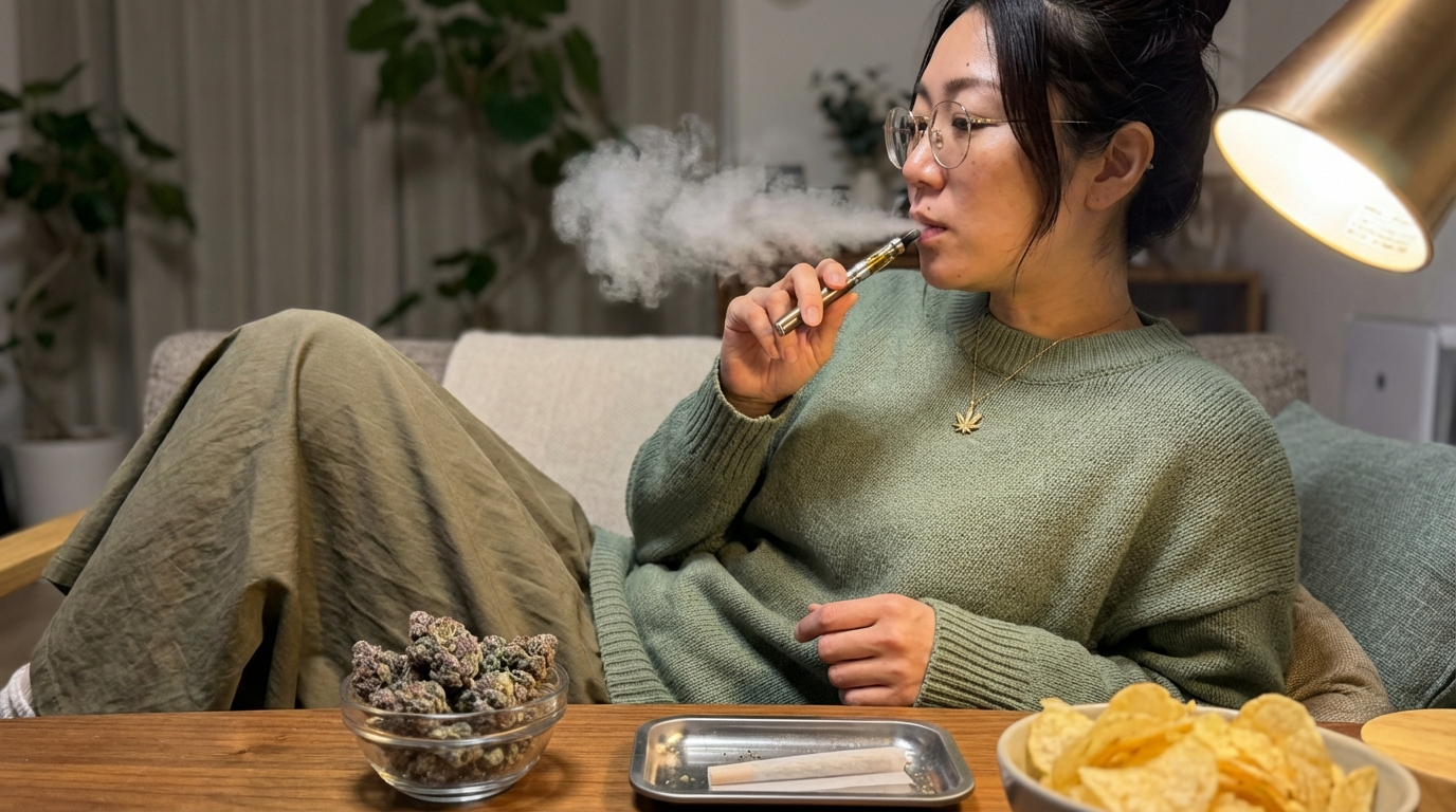 Woman exhaling vapor on couch with cannabis buds on coffee table, chips and lamp in background