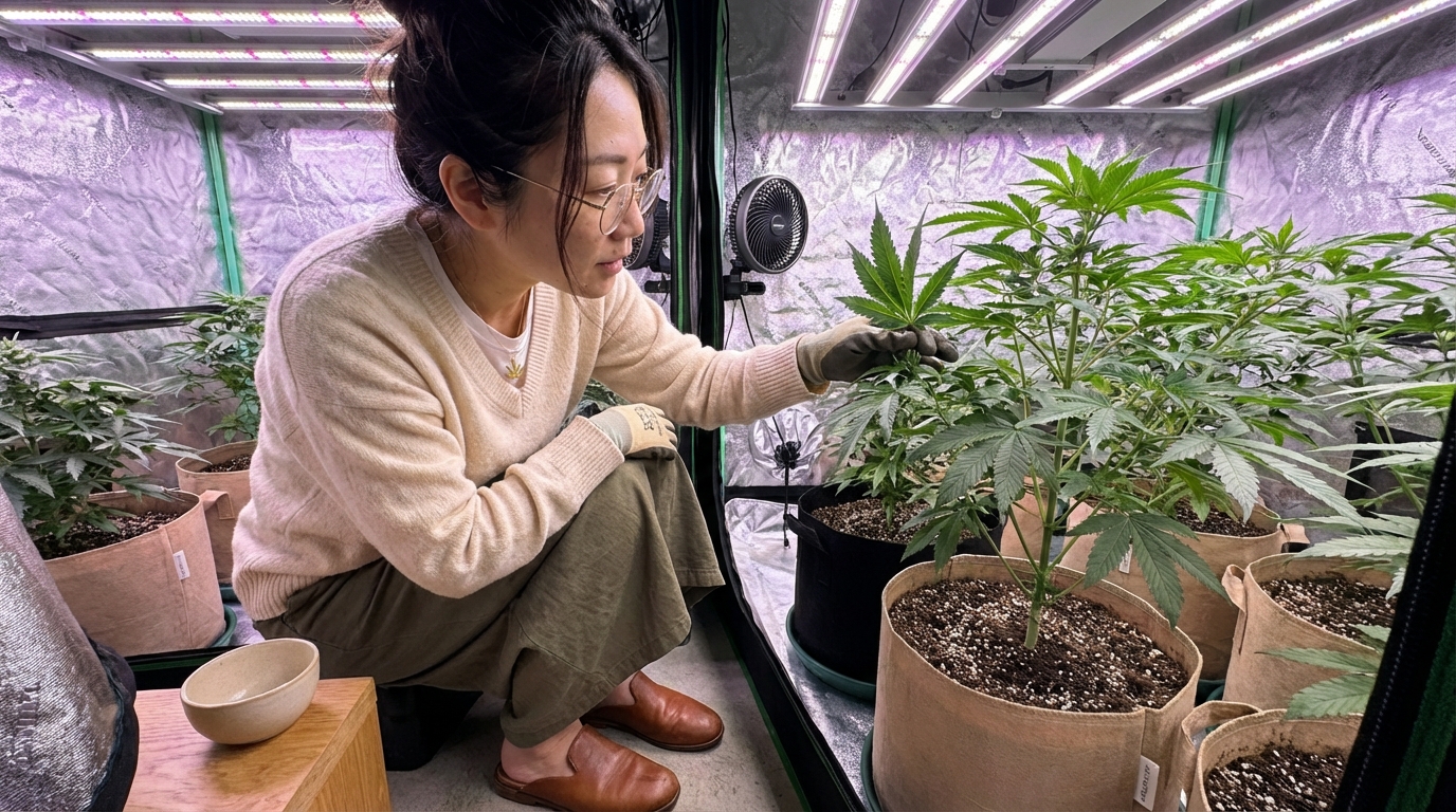 Close-up of woman tending cannabis plants in indoor grow tent, removing fan leaf, LED lights above