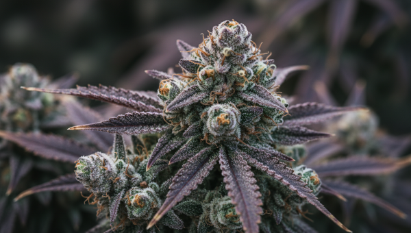 Woman smelling a frosty cannabis bud at a kitchen table with purple buds and a glass of water nearby