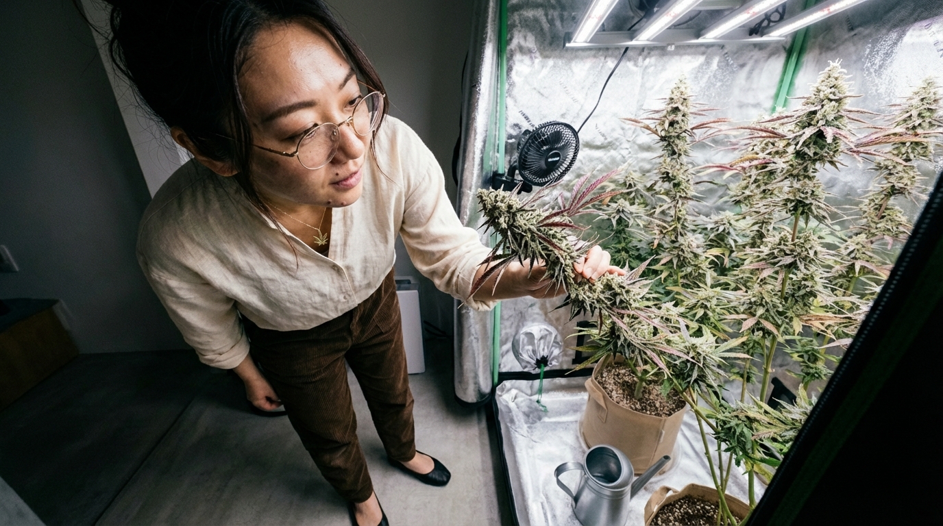 Woman inspecting tall cannabis plant with dense buds in a grow tent, LED lights overhead, clean setup