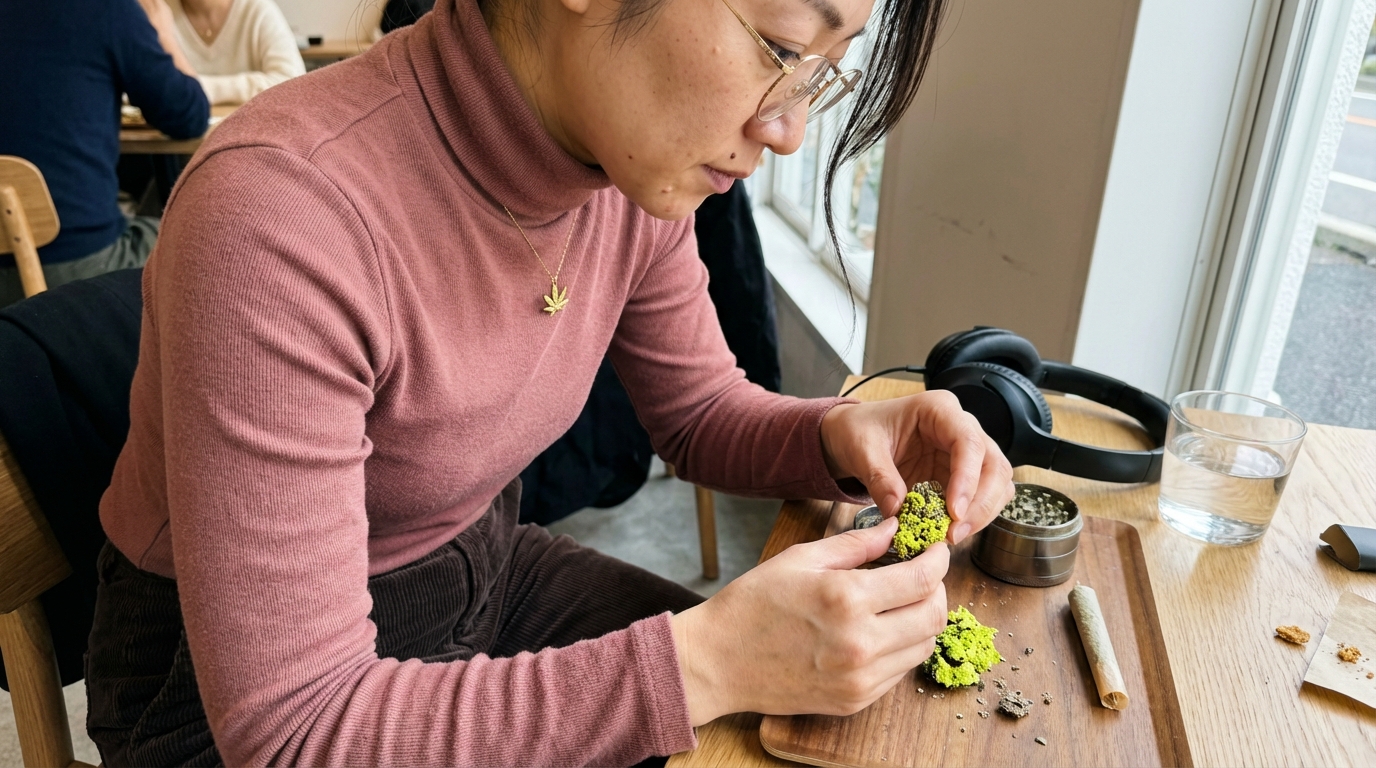 Hands breaking apart a frosty cannabis bud on a tray with a grinder, joint, and glass of water nearby