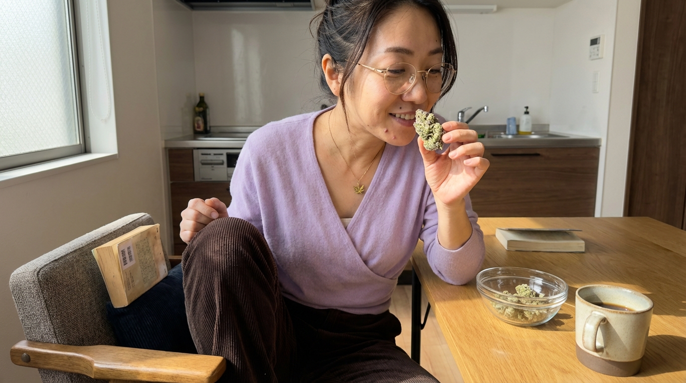 Woman smelling a cannabis bud at a kitchen table with a bowl of buds and a coffee mug in morning light