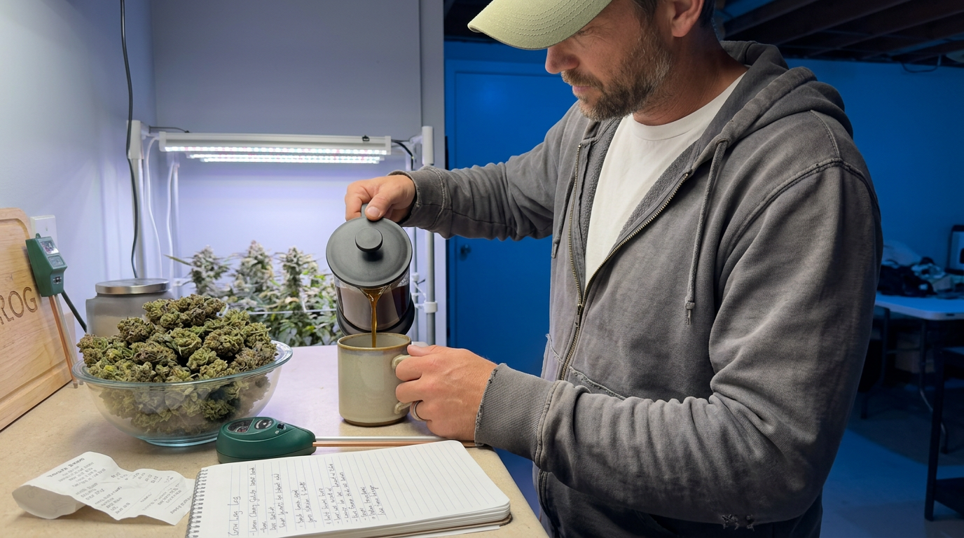 Man pours coffee beside a bowl of cannabis buds and a moisture meter under LED grow lights.