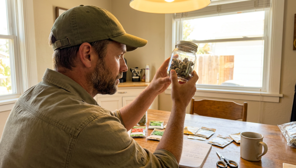 Man at kitchen table inspecting a jar of colorful cannabis buds in natural window light.