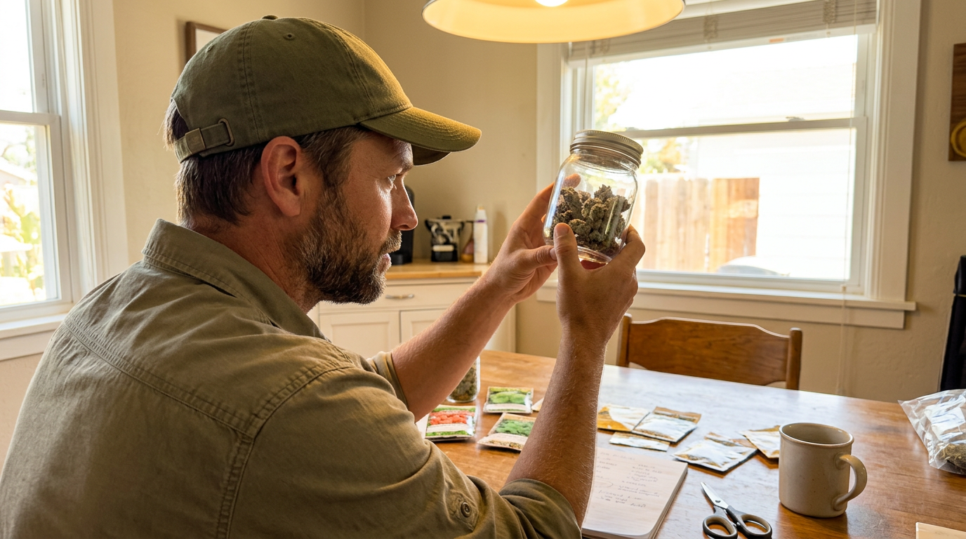 Man at kitchen table inspecting a jar of colorful cannabis buds in natural window light.