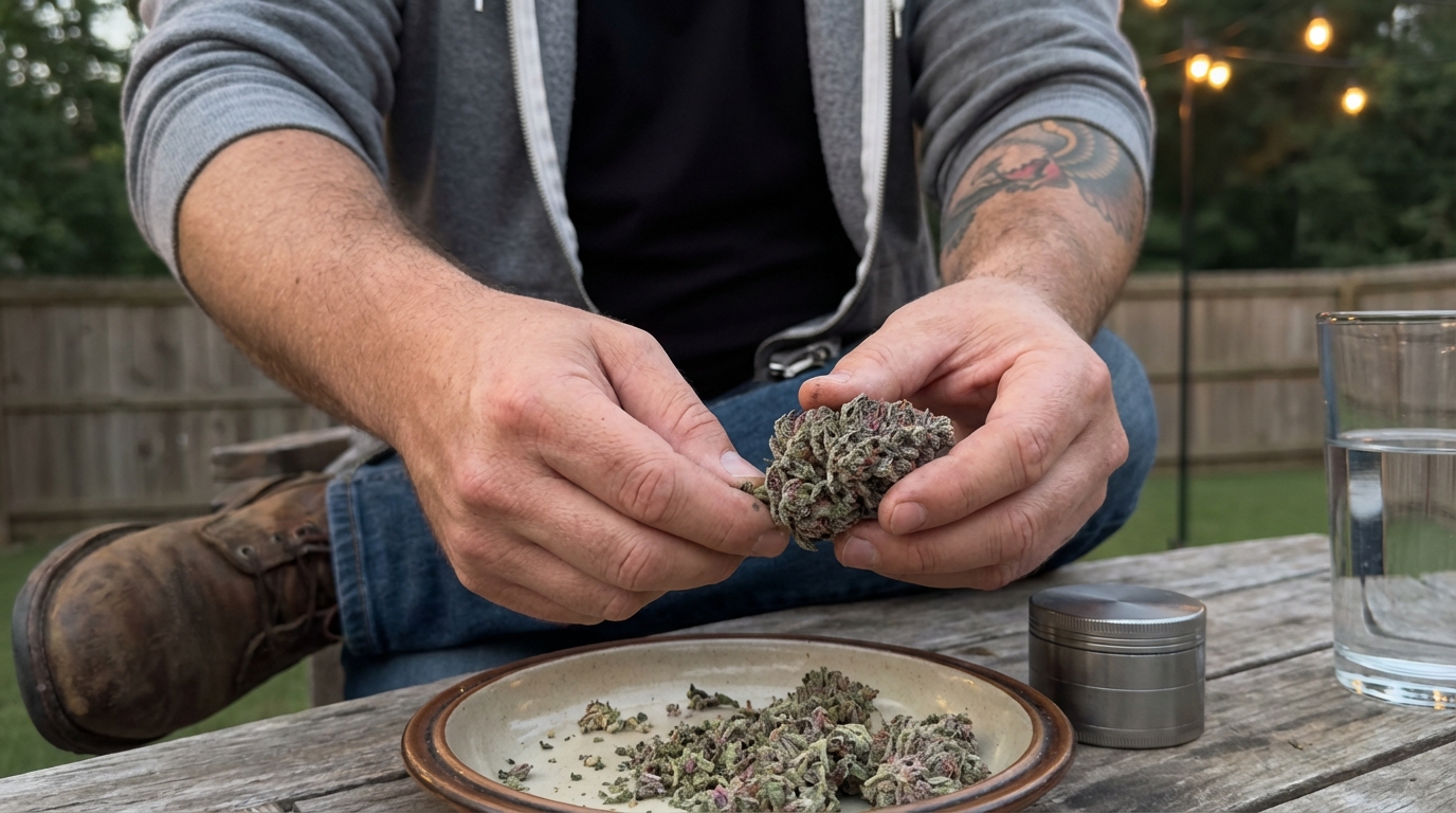 Hands breaking apart a frosty cannabis bud on a patio table with a ceramic dish and grinder nearby