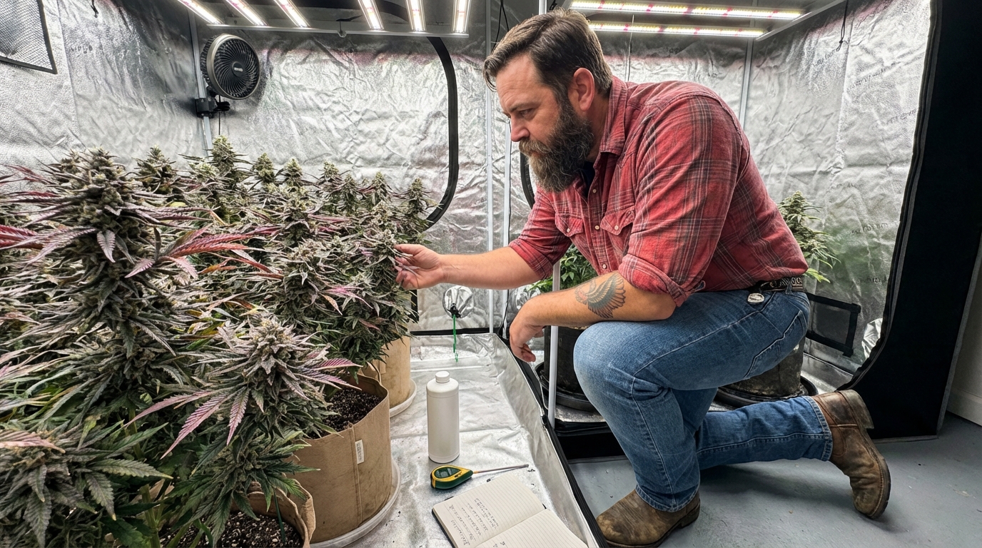 Man kneeling in a grow tent inspecting dense, resinous cannabis plants under LED lights