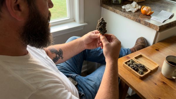 Man inspecting a cannabis bud at a kitchen table with a wooden tray of buds and a coffee mug nearby