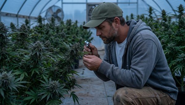 Man inspecting underside of cannabis leaf for pests in greenhouse with bushy OG Kush plants.