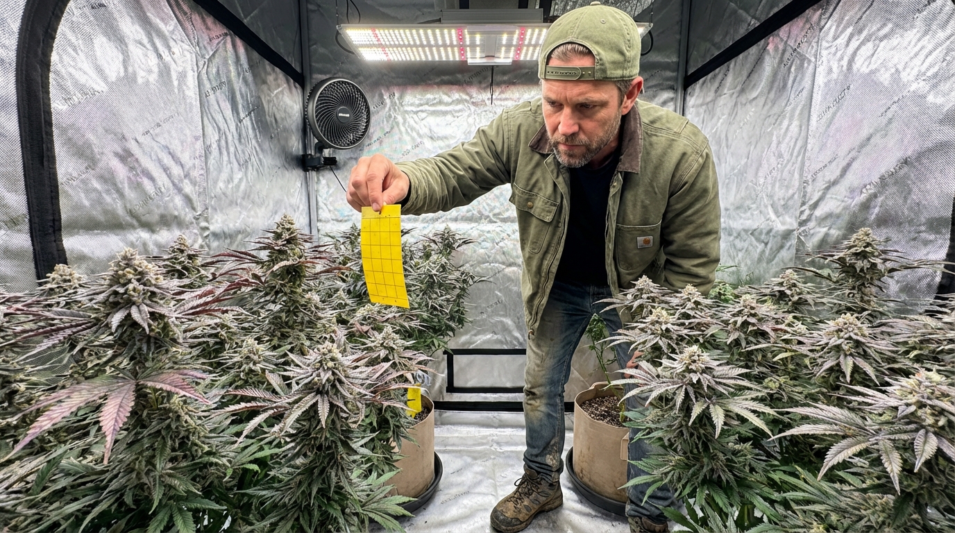 Close-up of man hanging sticky trap above cannabis canopy in grow tent with dense, frosty purple-green buds