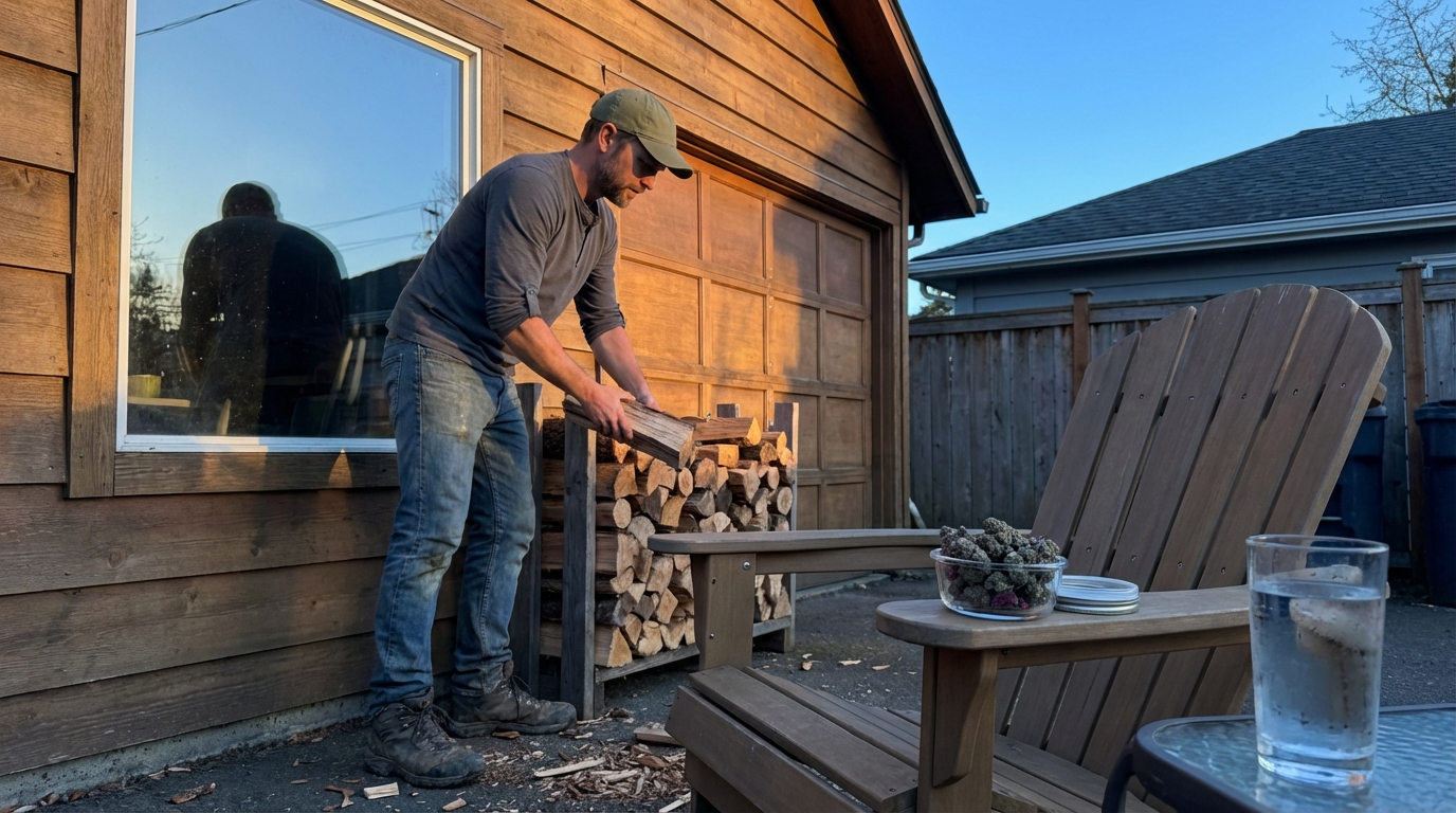 Man stacking firewood near a garage; bowl of cannabis buds on chair by backyard fire pit in afternoon sun