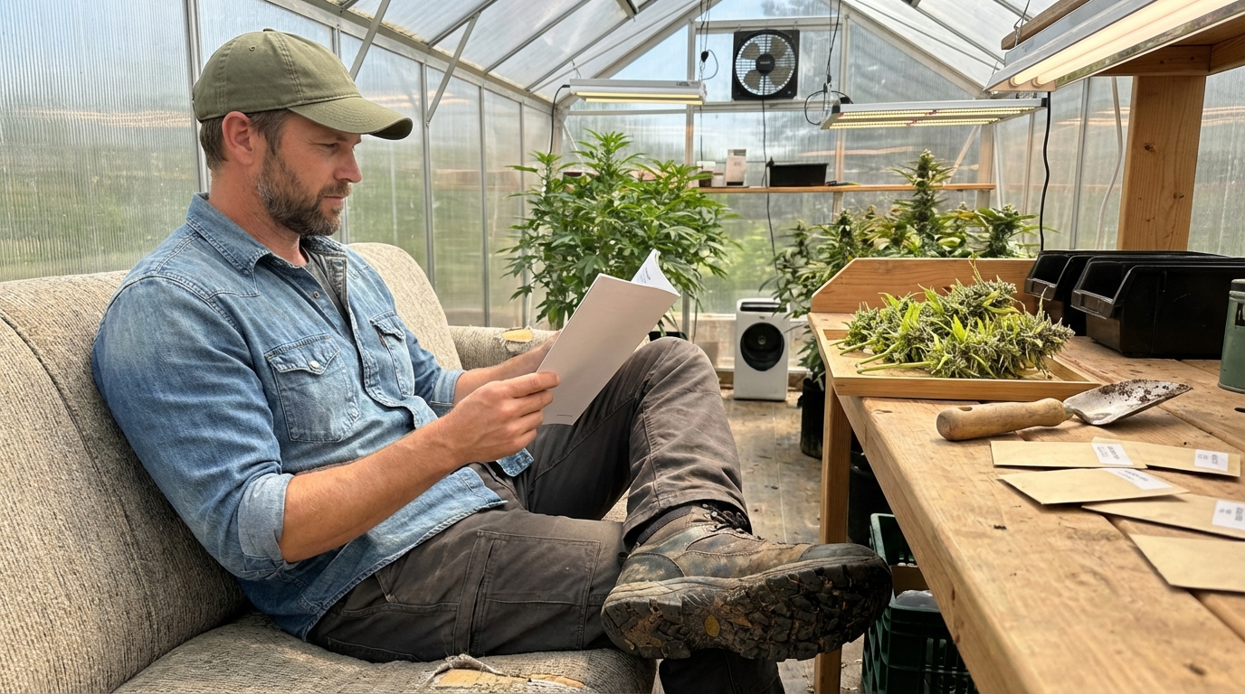 Man flipping through seed catalog in greenhouse, Pineapple Express buds on tray, potting bench and scattered gardening tools around