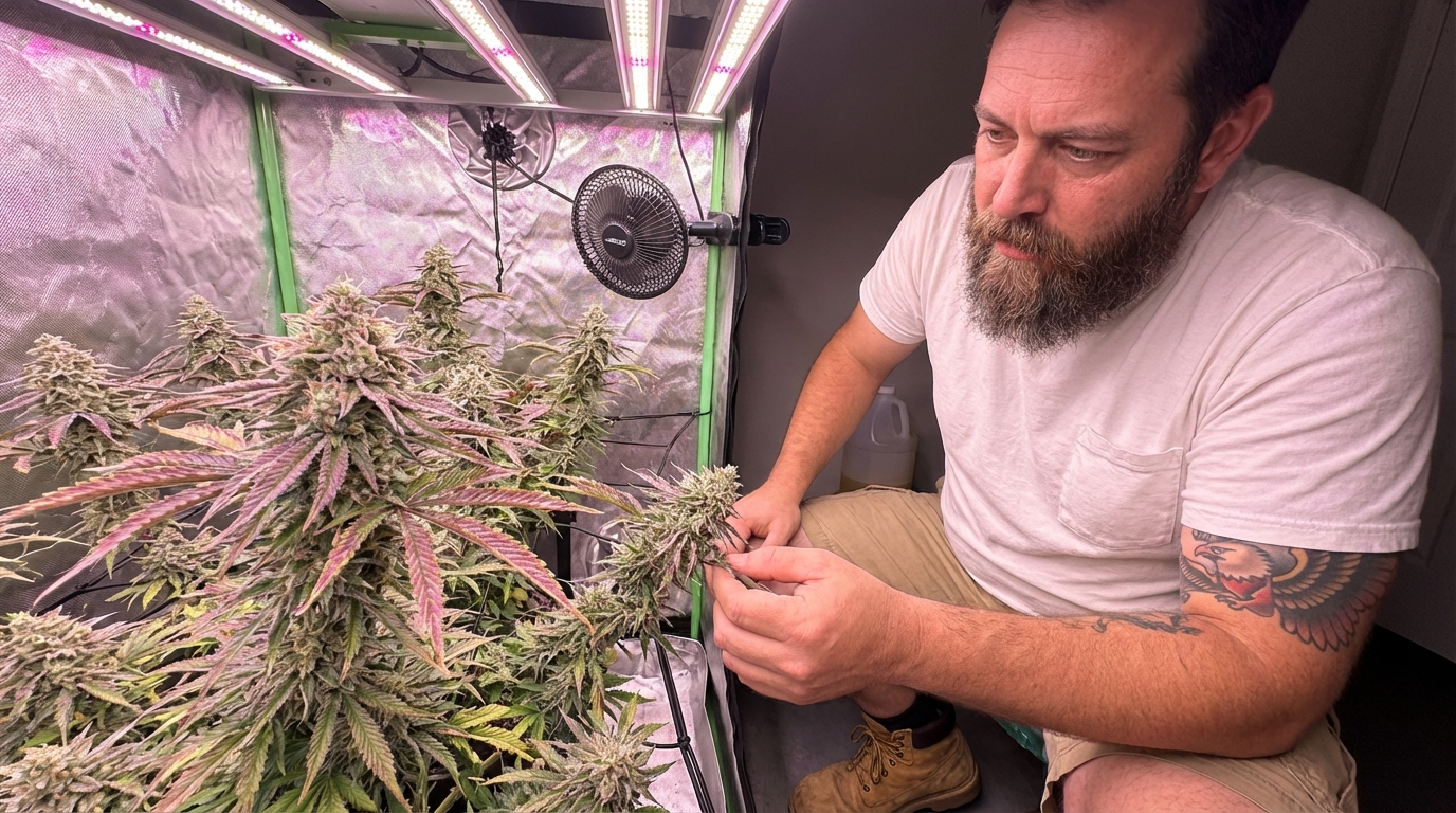 Man in a grow tent training cannabis plants under LED lights, with visible fan and nutrient bottle.