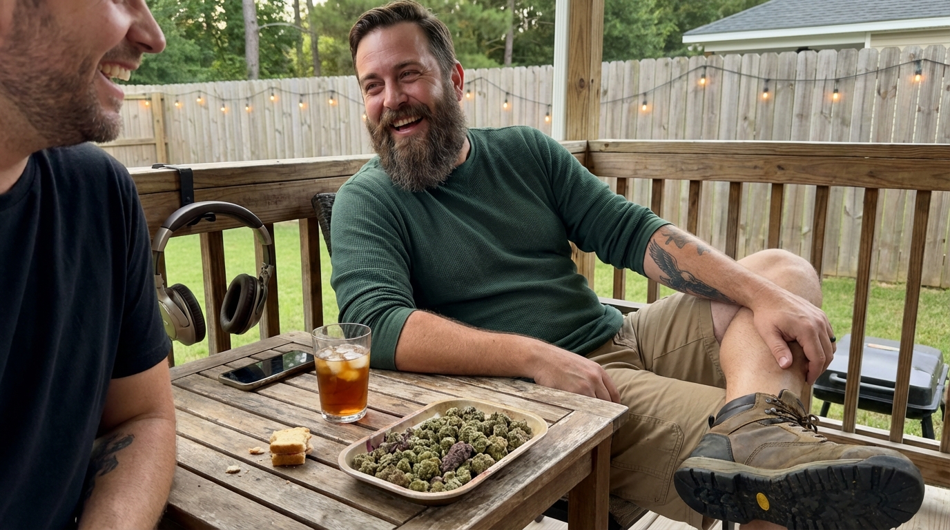 Man on a porch laughing with a friend; dish of ground cannabis, iced tea, and phone on table.