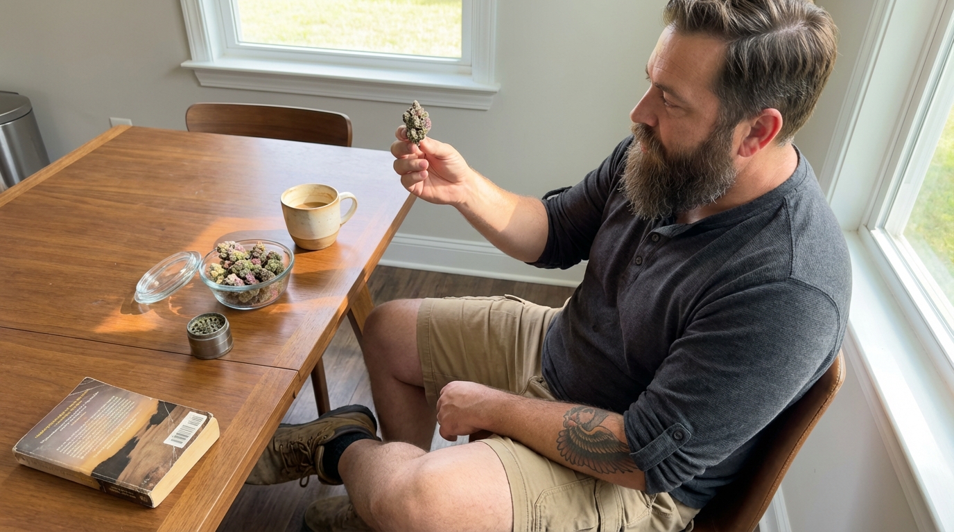 Man examining a frosty, colorful cannabis bud at a kitchen table with a bowl of buds and coffee mug.