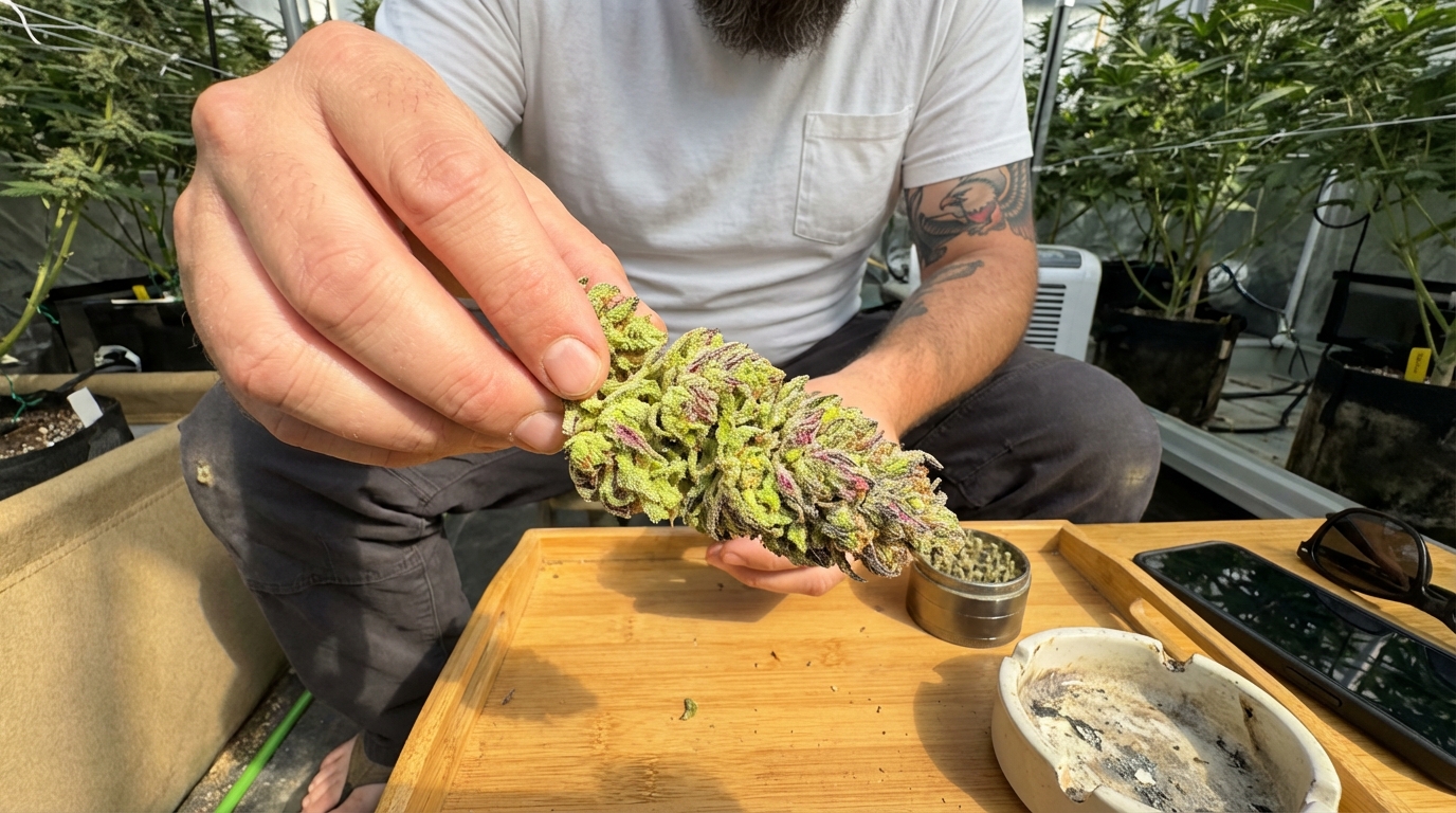 Hand breaking open cannabis bud on patio table with grinder, ashtray, and phone in sunlight
