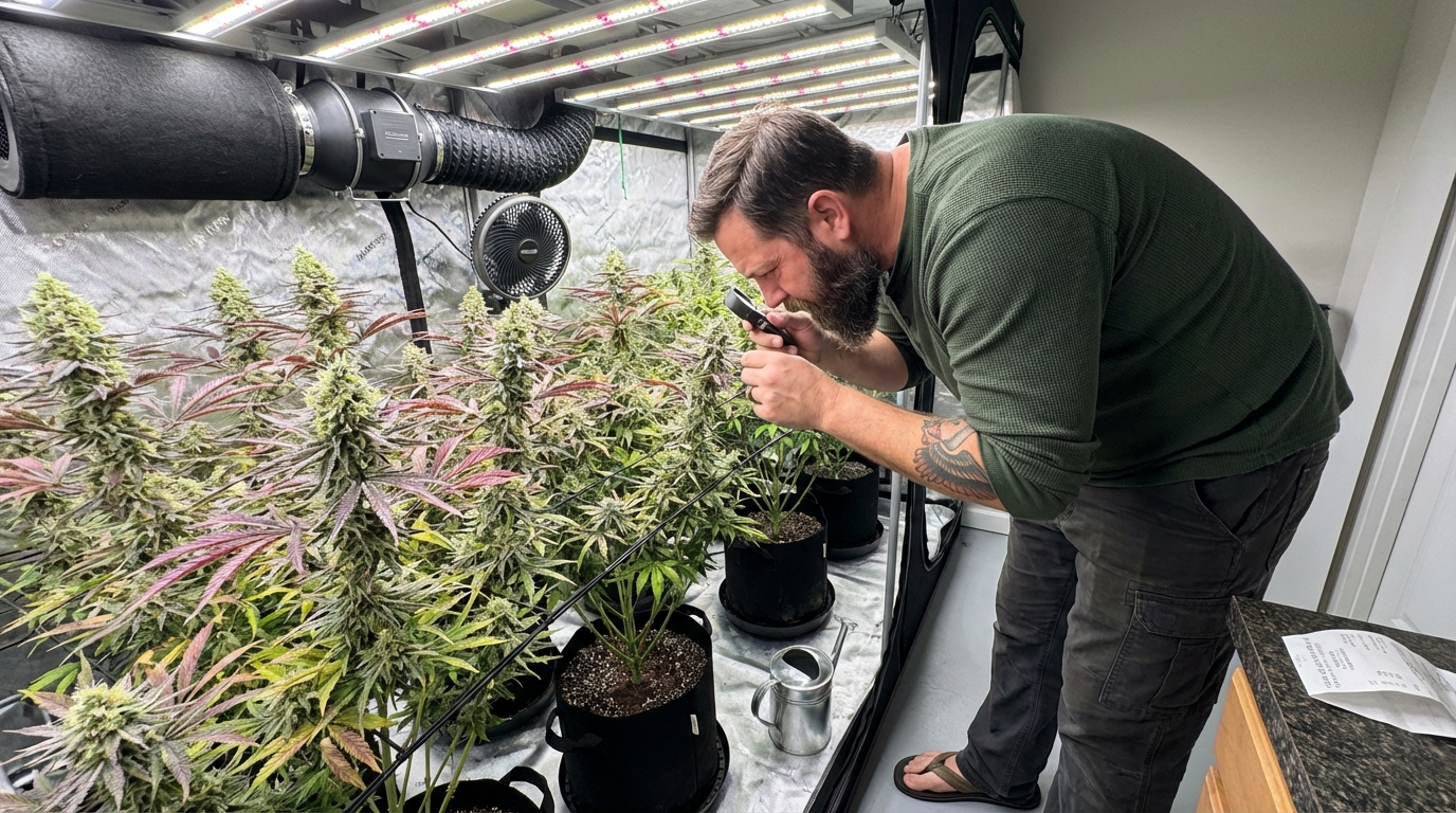 Man inspecting cannabis plants in grow tent under LED lights with magnifier, pots and fan visible