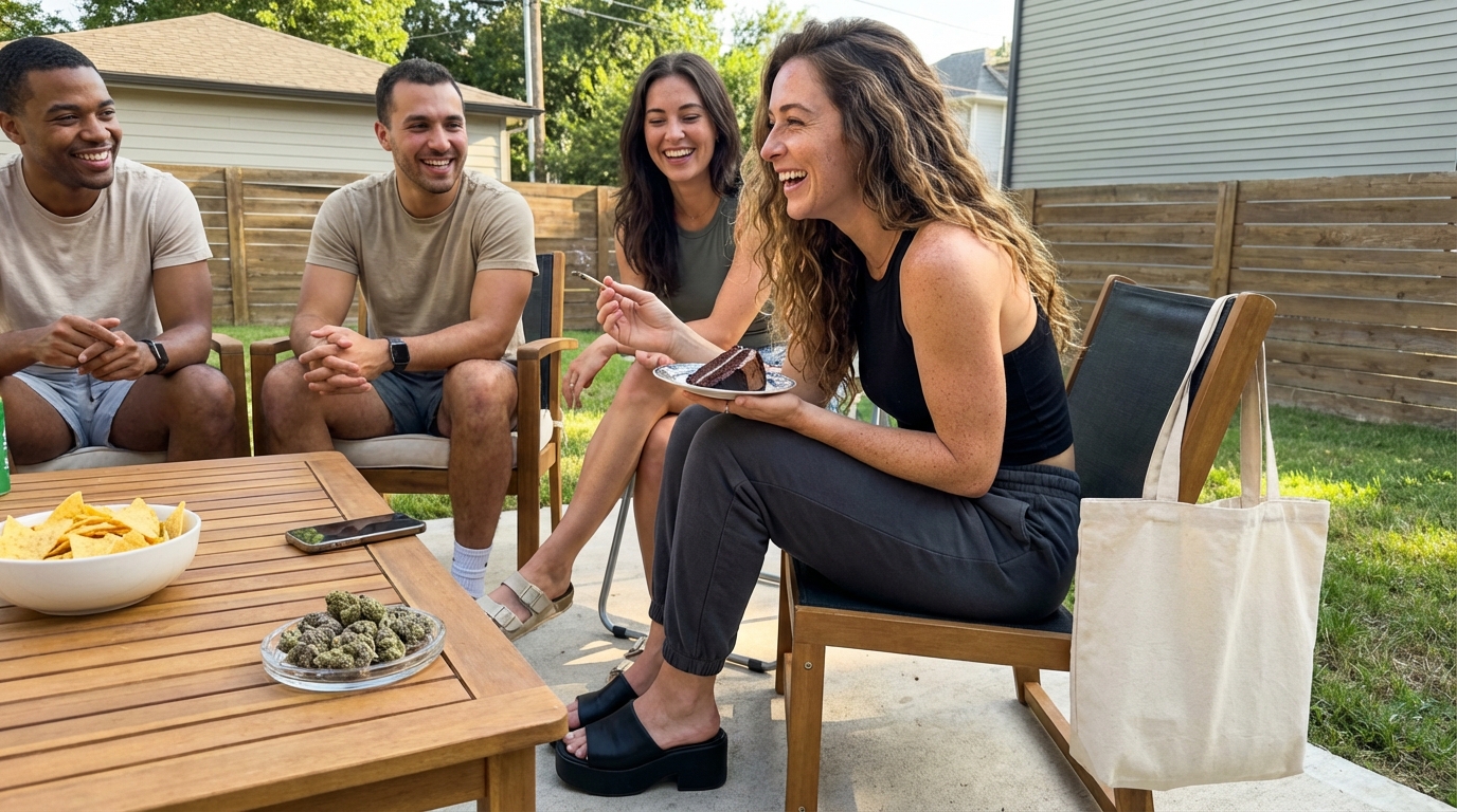 Woman laughing on backyard patio with cake, joint, and dish of cannabis buds on table; friends in background