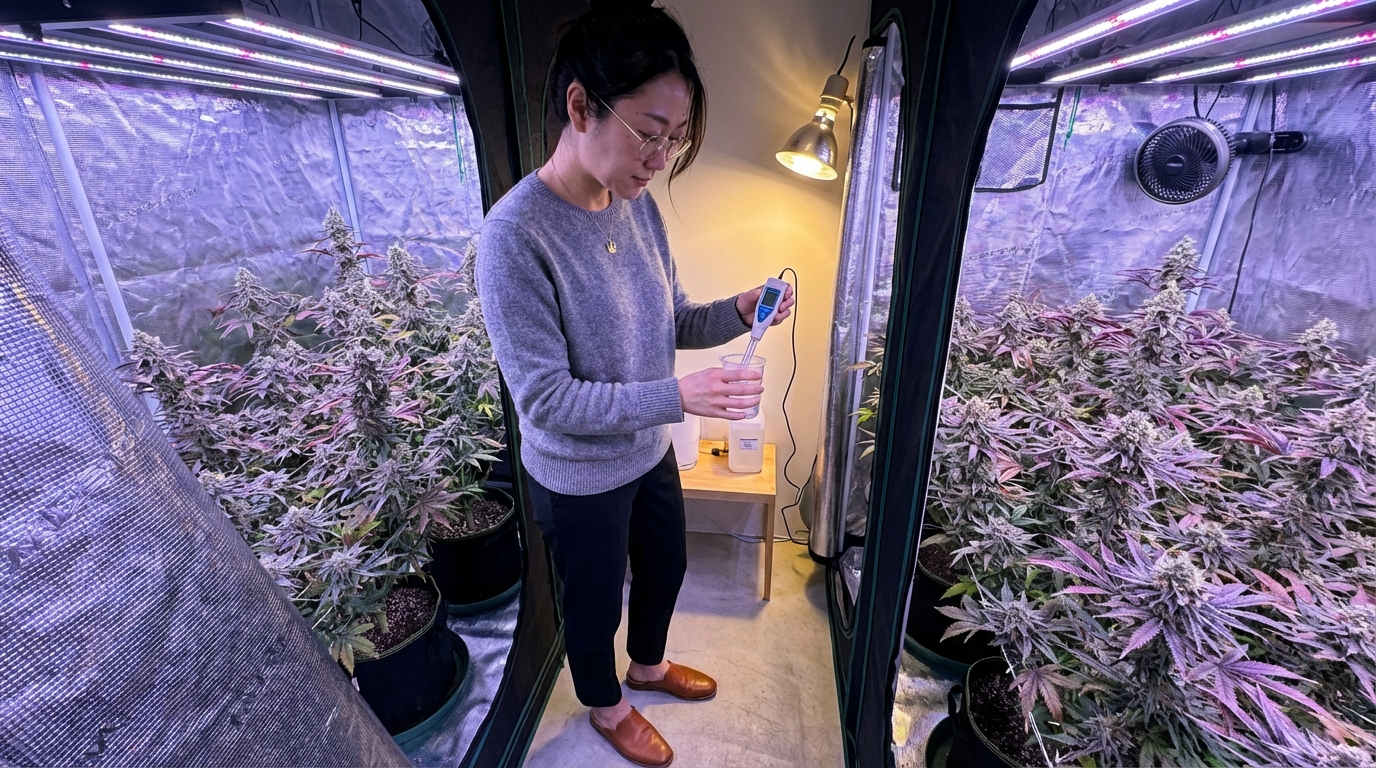 Woman calibrating a pH meter beside lush cannabis plants in a brightly lit indoor grow tent