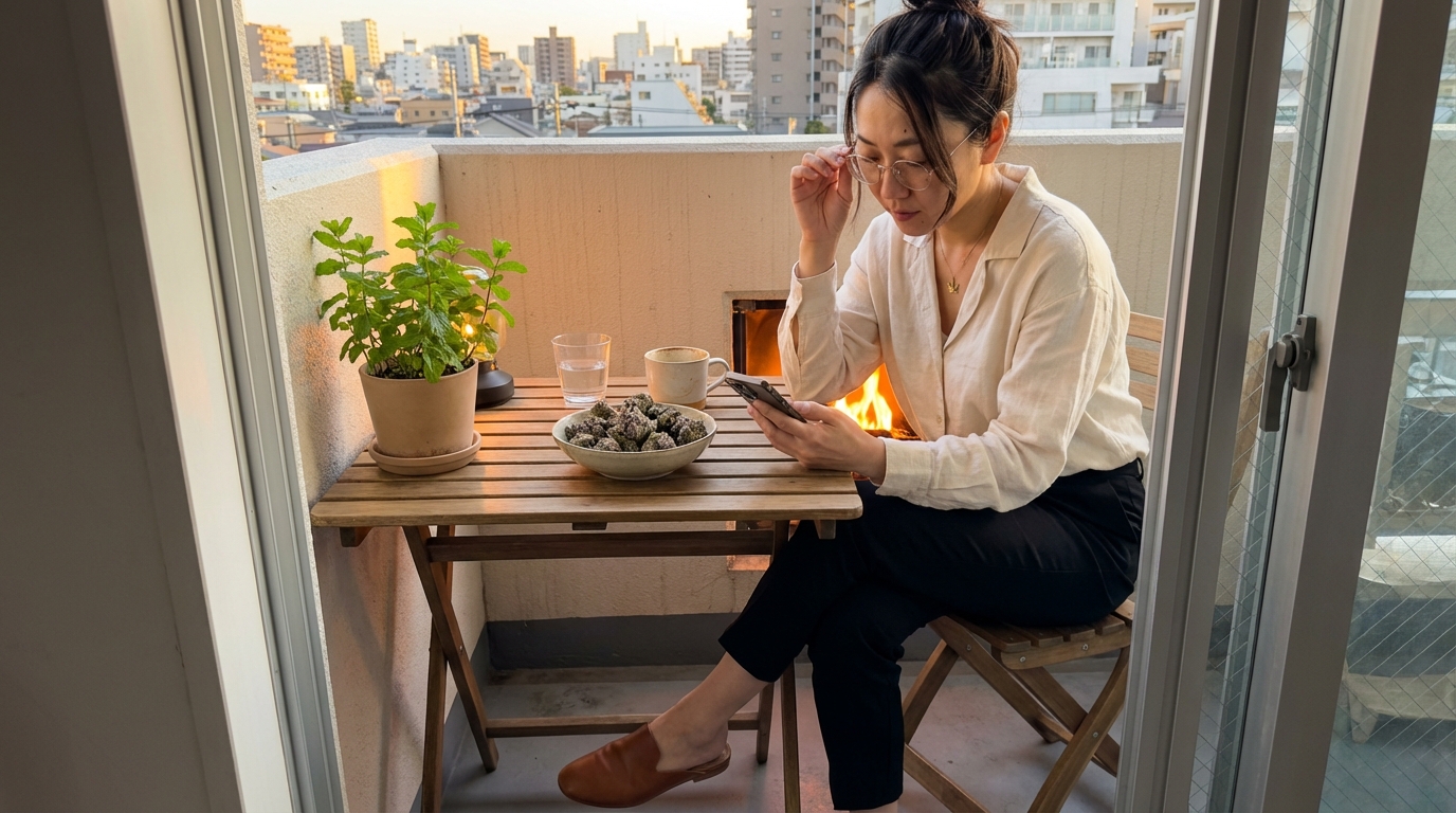 Woman on a balcony reading her phone with a bowl of cannabis buds and potted herbs on the table
