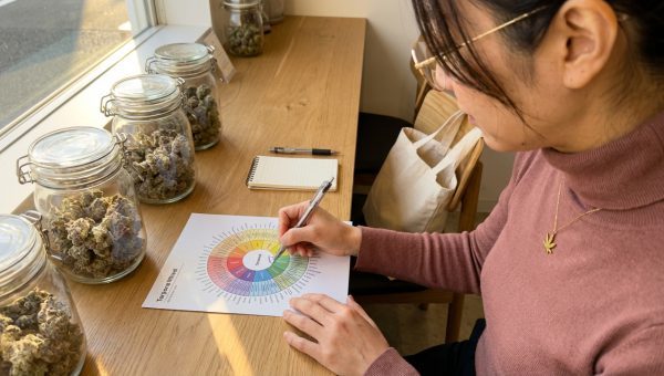 Woman marking a terpene wheel at a dispensary counter with glass jars of frosty cannabis buds