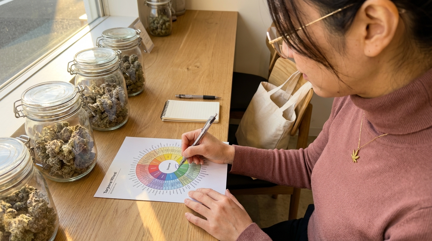 Woman marking a terpene wheel at a dispensary counter with glass jars of frosty cannabis buds