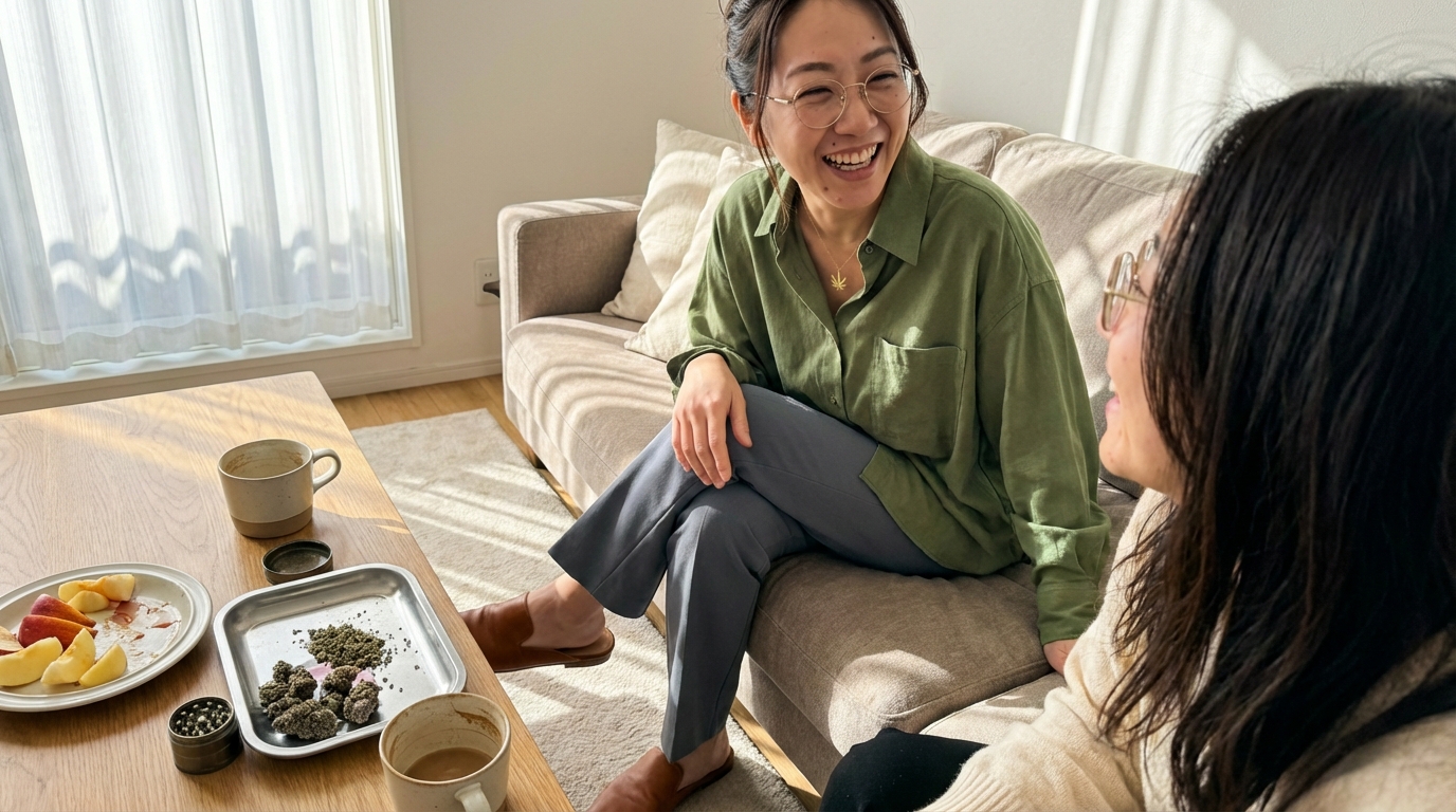 Woman laughing on couch with rolling tray of cannabis buds and grinder on coffee table, fruit plate in sunlight