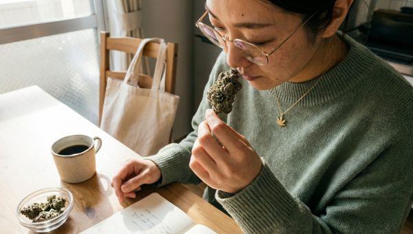 Woman smelling a frosty green and purple cannabis bud at a kitchen table with a glass bowl of buds and coffee mug nearby