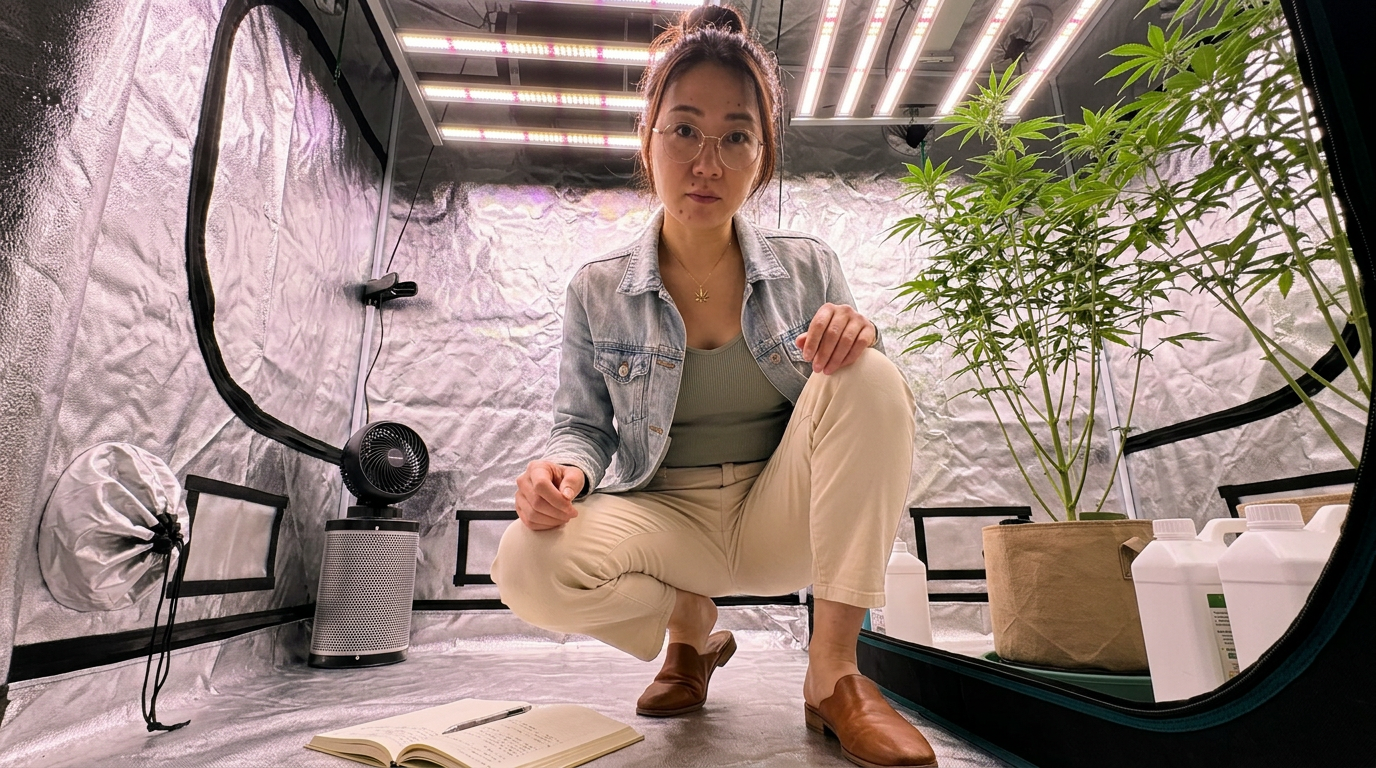 Woman recording plant measurements in a grow journal inside an LED-lit indoor grow tent with tall sativa cannabis plants