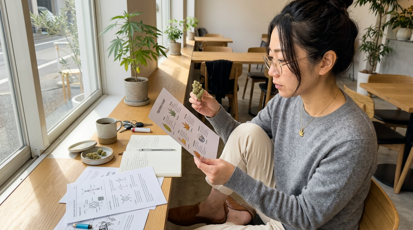 Woman comparing a terpene chart printout to an Amnesia Haze bud at a sunlit window seat with stacked research journals
