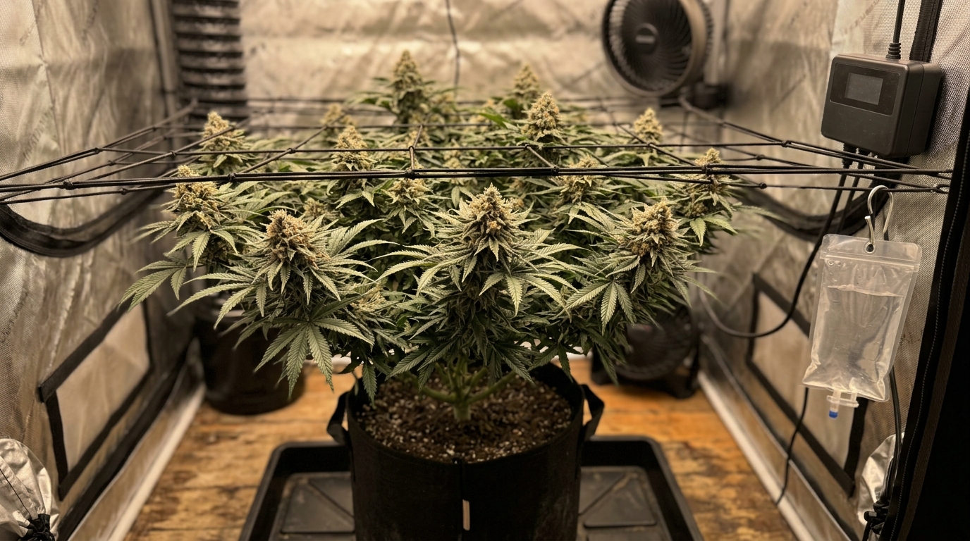 Animal Mints strain — Woman in black nitrile gloves calibrating a pH meter in a grow tent, dense purple-green cannabis plants in late flower behind her under LED lights