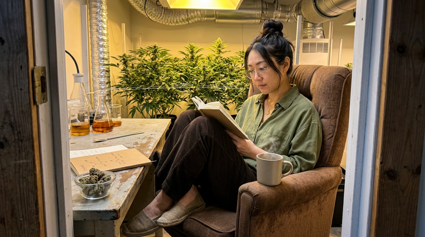 Woman in an armchair with book and mug, cannabis buds in a bowl on a lab bench with beakers and notebook