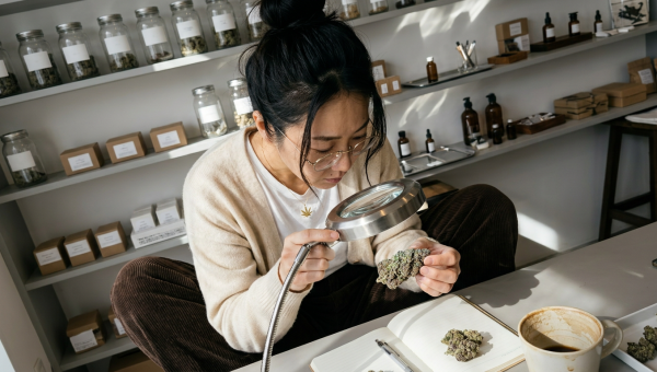 Woman closely inspecting a dense cannabis bud under a lamp, jars and notebook on a shelf behind her