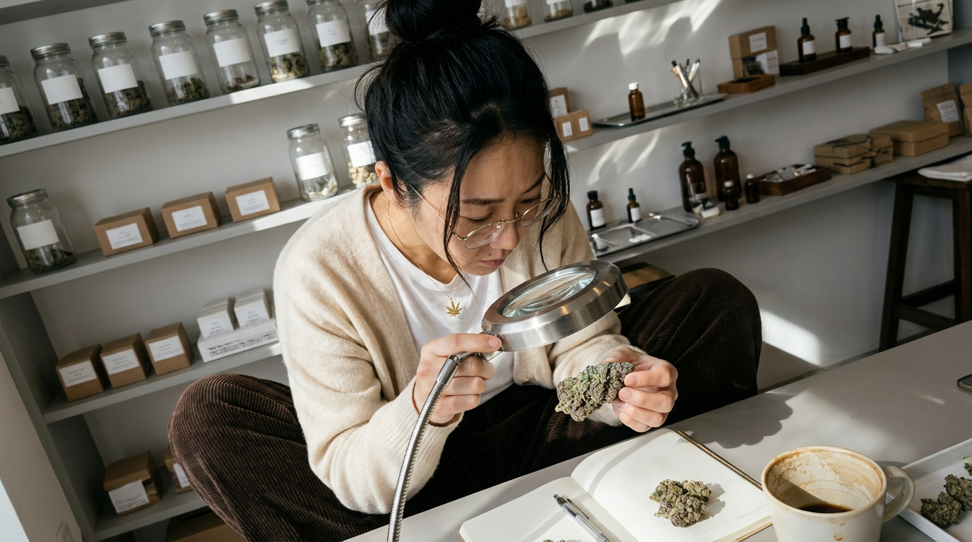 Woman closely inspecting a dense cannabis bud under a lamp, jars and notebook on a shelf behind her