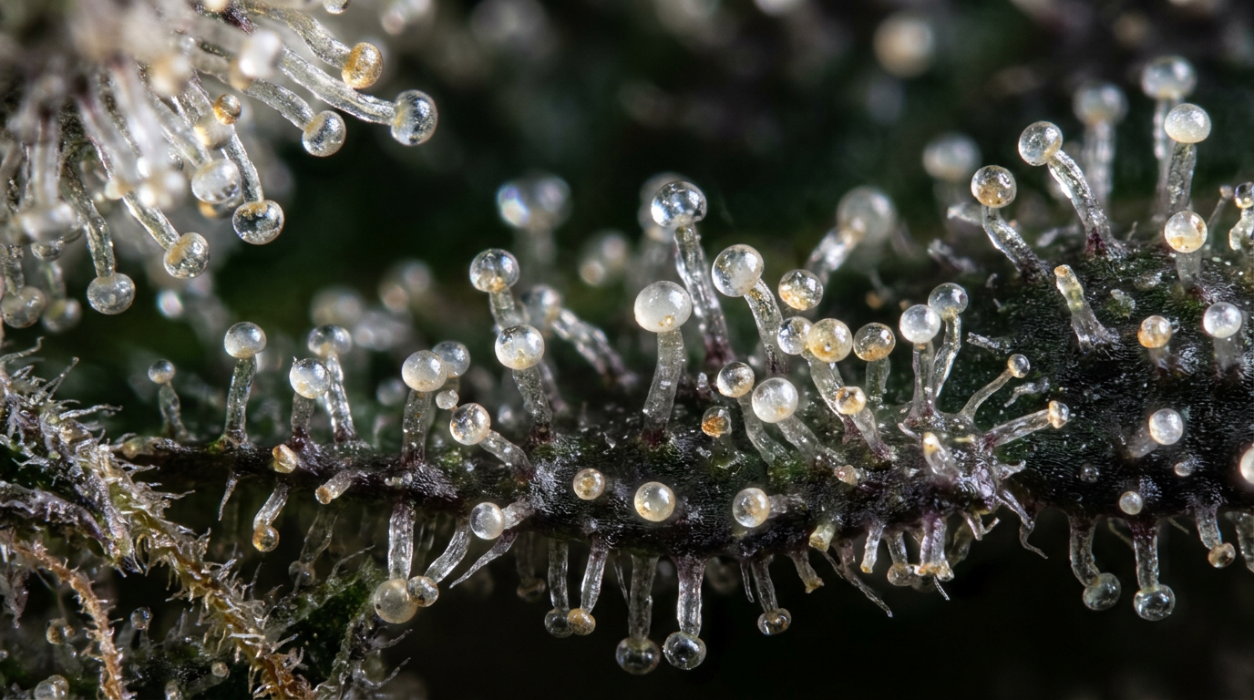 Close-up macro shot of cannabis trichomes and cannabinoid crystals showing terpene-rich resin glands structure for 2026 strain analysis