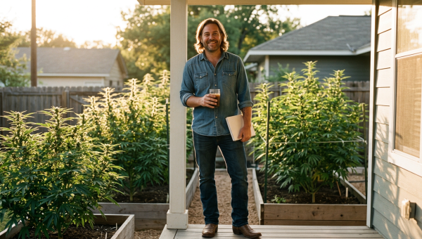 Cannabis grower and reviewer Travis on his Austin porch during golden hour with notebook and plants visible in background garden