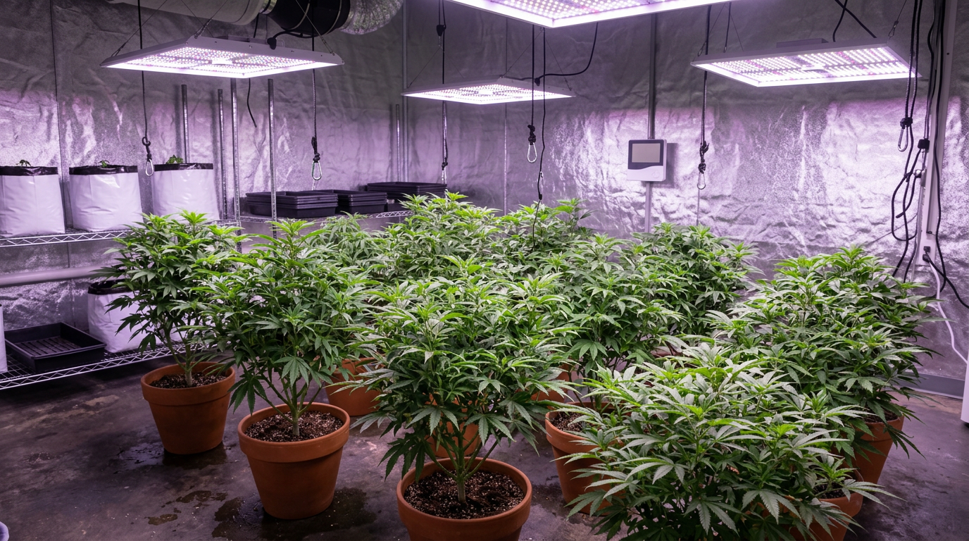 Cannabis plants in vegetative growth stage under LED grow lights in controlled indoor grow environment for beginner growers