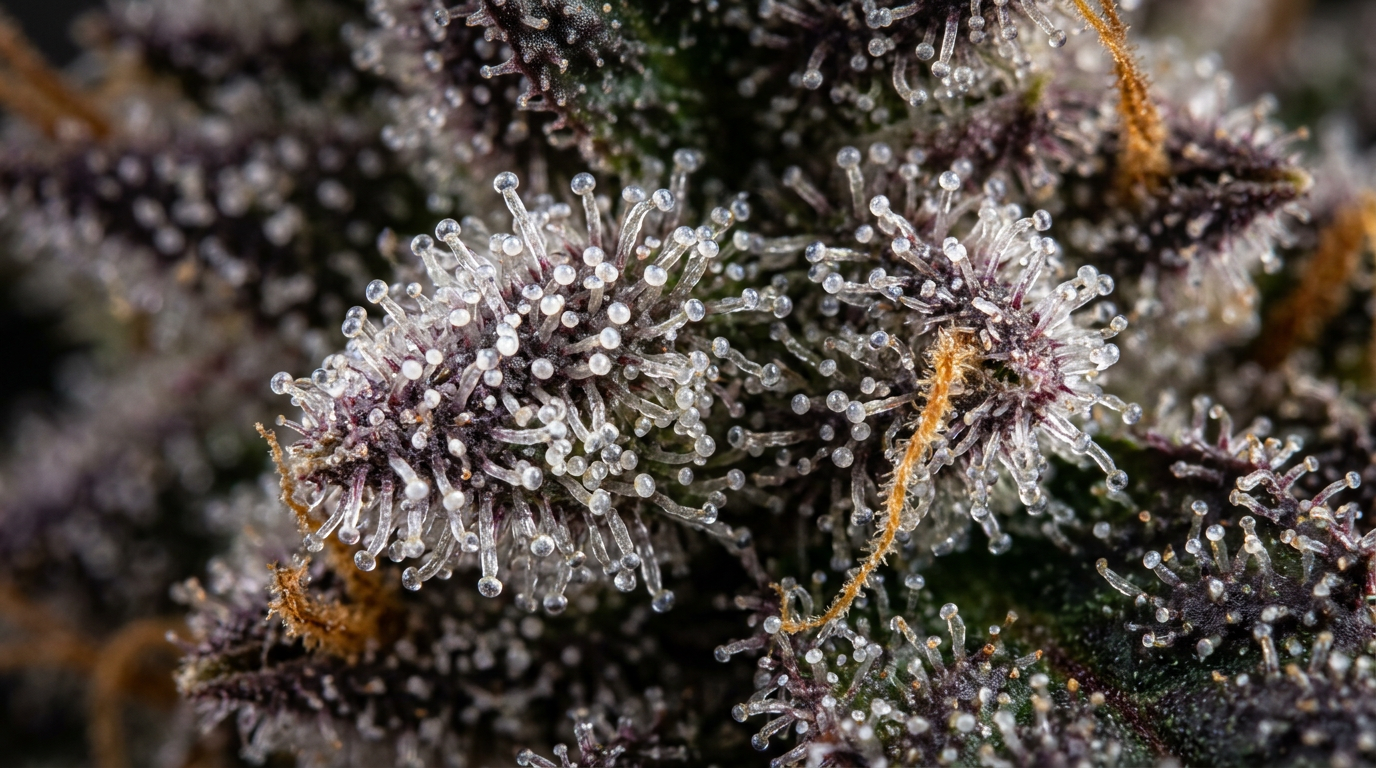 Macro close-up of cannabis trichomes and resin glands showing cannabinoid crystal structure on purple-tinted bud